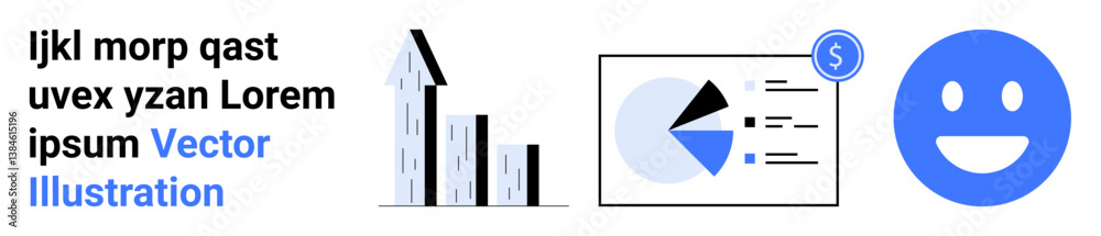 Bar graph showing growth, financial pie chart with money symbol, and large blue smiling face. Ideal for finance, statistics, success, business growth, data analysis, motivation simple landing page Bar graph showing growth, financial pie chart with money symbol, and large blue smiling face. Ideal for finance, statistics, success, business growth, data analysis, motivation simple landing page