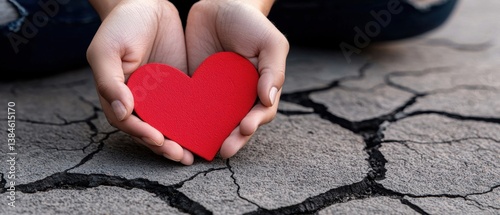 A pair of hands holds a red heart shape against a cracked ground, symbolizing love and care amidst challenging environments.
