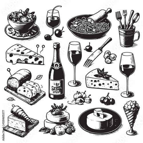 chalk food illustrations, wedding dinner icons, wine or champagne glass, cheese, and charcuterie drawings for wedding invitations, cafe menus, and parties.