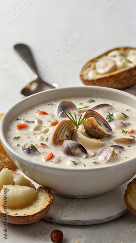 Creamy Clam Chowder: Delicious Seafood Soup with Fresh Herbs and Vibrant Vegetables - A Traditional Comfort Meal