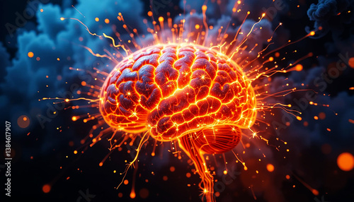 A human brain engulfed in flames, symbolizing intense creativity, passion