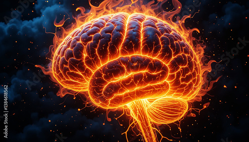 A human brain engulfed in flames, symbolizing intense creativity, passion