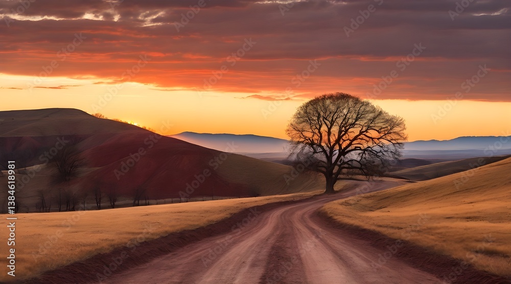 Red Dirt Road Curves Up a Hill Towards a Lone, Leafless.generative.ai