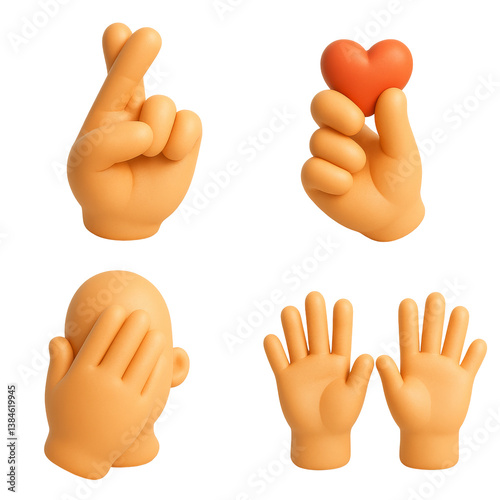 Various 3D hand gestures and emotions illustrated with a transparent background showcasing expressions and actions suitable for digital communication