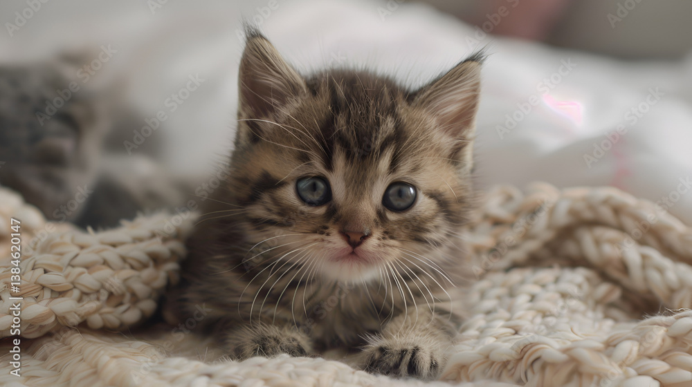 Adorable fluffy kitten with big blue eyes peeking from cozy blanket, pure innocence captured Adorable fluffy kitten with big blue eyes peeking from cozy blanket, pure innocence captured