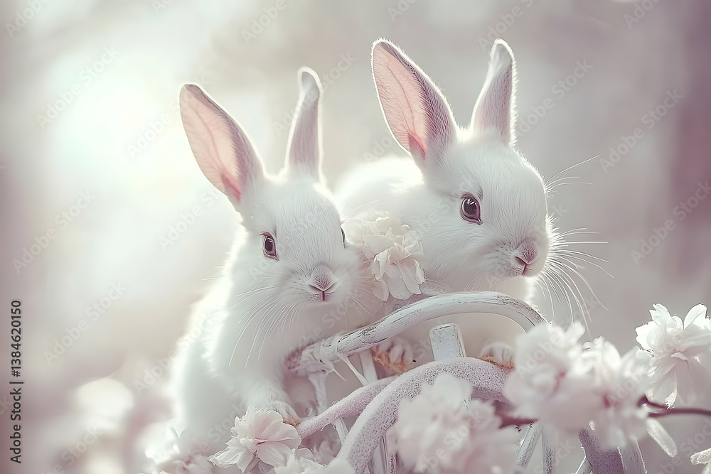 Two fluffy white rabbits nestled amongst beautiful white flowers Two fluffy white rabbits nestled amongst beautiful white flowers