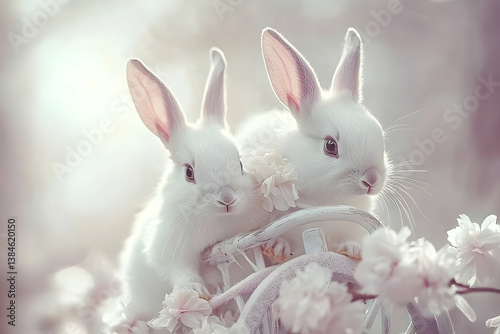 Two fluffy white rabbits nestled amongst beautiful white flowers