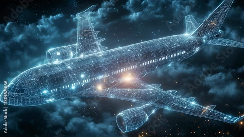 Futuristic glowing hologram of airplane fly in digital interface with innovative aerospace design. Airplane displayed in high-tech blue light, modern aviation technologies and engineering precision