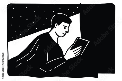 Nighttime Mobile Reading Before Going to Sleep Vector

