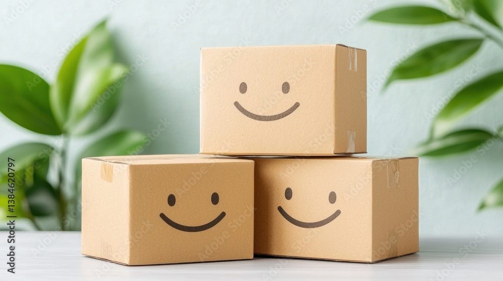 Obraz premium Three smiling cardboard boxes are stacked together, surrounded by green leaves, creating a cheerful and inviting atmosphere.