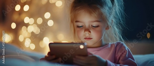 A young girl intently looks at her smartphone, illuminated by soft light from a nearby source, creating a cozy and focused atmosphere.