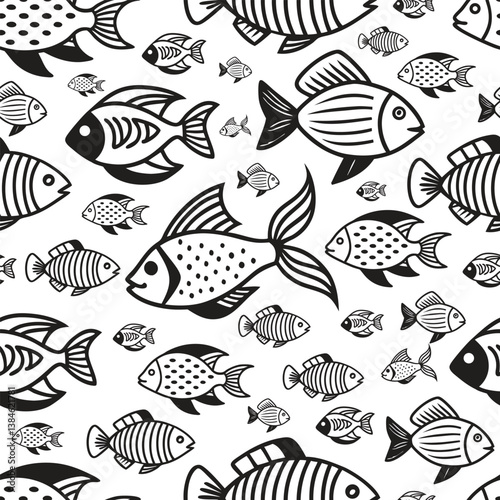 Black and White Fish Seamless Pattern
