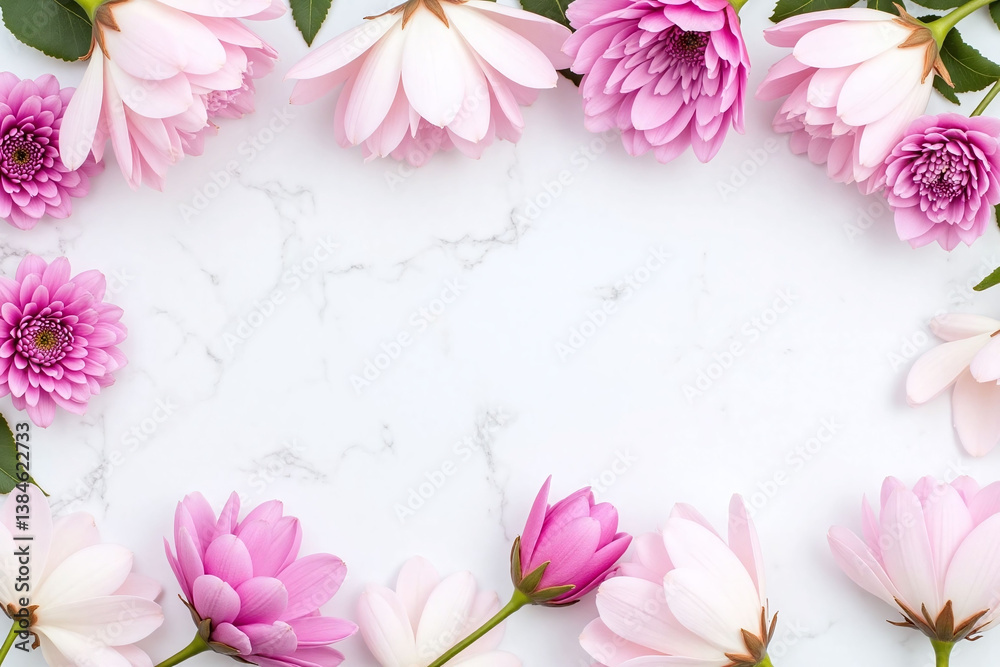 Fototapeta premium pink and white flowers on a white marble background