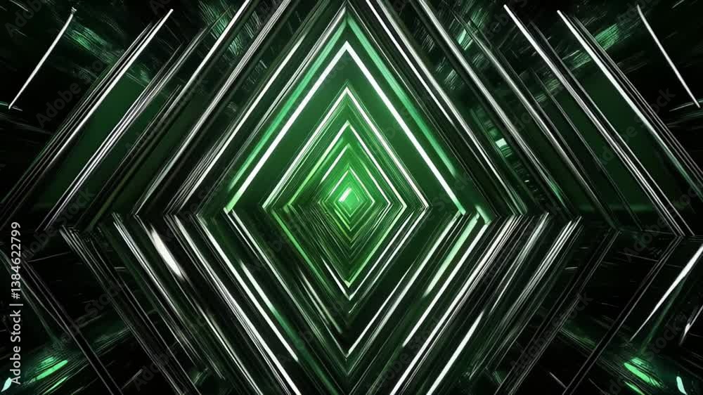 Exploration of a mesmerizing green geometric tunnel with dynamic reflections and intricate designs