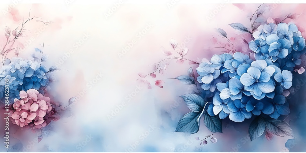 Obraz premium Watercolor Hydrangea Flowers in Soft Blue and Pink Floral Illustration