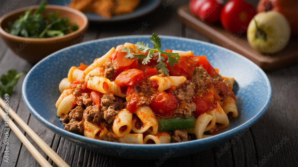 American chop suey - Pasta dish with ground beef, tomato sauce, and vegetables American chop suey - Pasta dish with ground beef, tomato sauce, and vegetables
