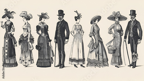 Elegant vintage fashion showcase Victorian era styles and sophisticated designs