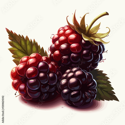 Ripe blackberries clustered on green leaves against a light background  