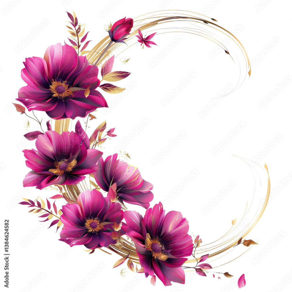 Obraz premium Golden Swirl Frame with Pink Cosmos Blooms