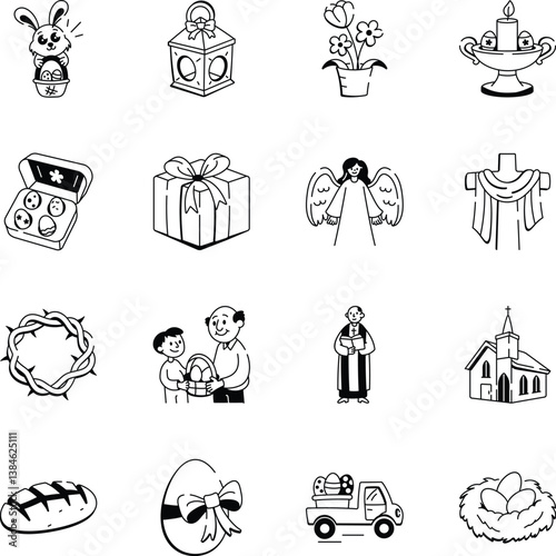 Collection of Doodle Style Easter Icons 

