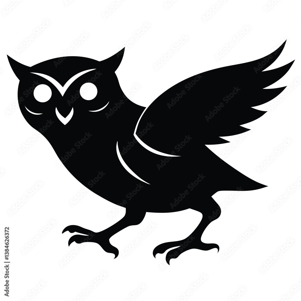 Stylized Owl Icon Flying With Spread Wings In Black Silhouette Vector. Stylized Owl Icon Flying With Spread Wings In Black Silhouette Vector.