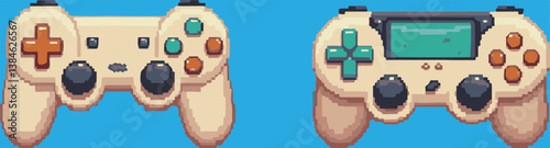Two types of gamepad in pixel style, joystick emoji and gamepad icons.