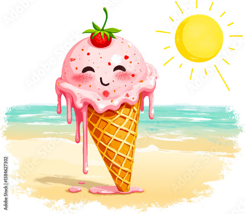 an ice cream cone with a strawberry on top