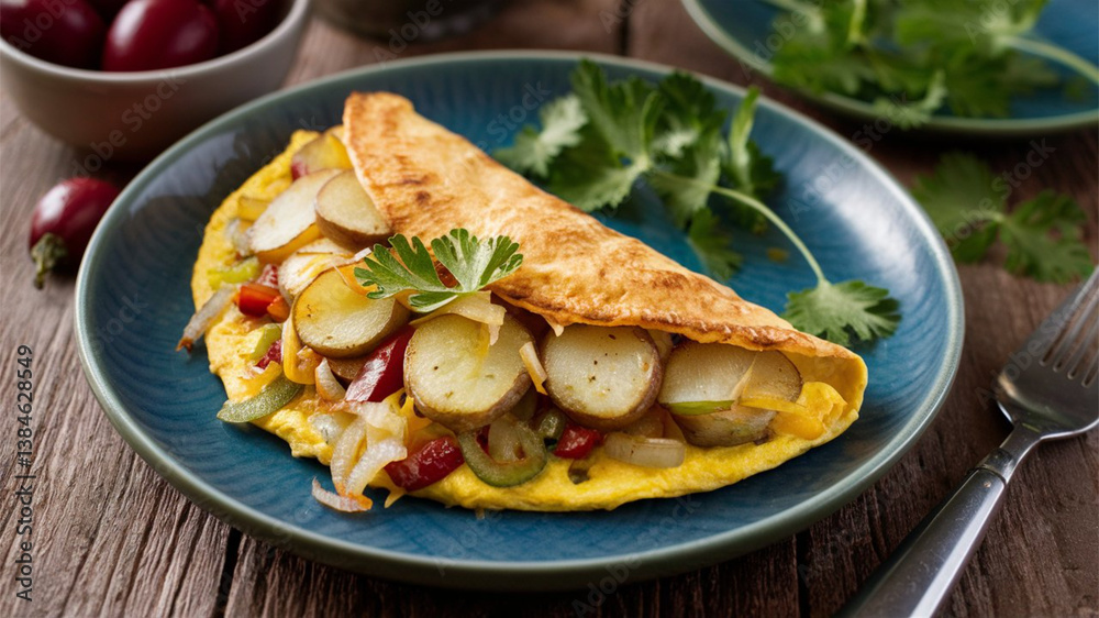Potato Pimiento Onion Omelet: Hearty omelet with potatoes, pimientos, and onions
