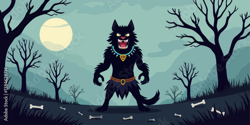 an illustration of a werewolf in a forest with a full moon in the background