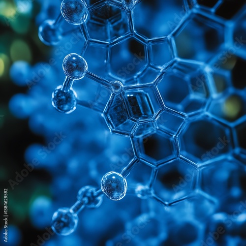 Blue molecule model, close-up, lab bokeh, research