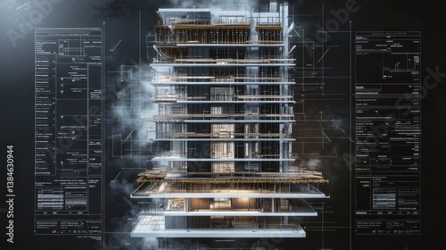A construction-phase blueprint of a high-rise, featuring phased floor layouts, material specifications, and load-bearing calculations, cinematic lighting, hyper-detailed drafting,