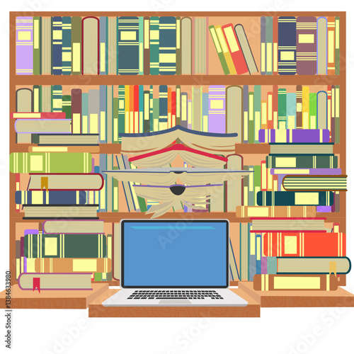 Creative Study Workspace with Books and Laptop.