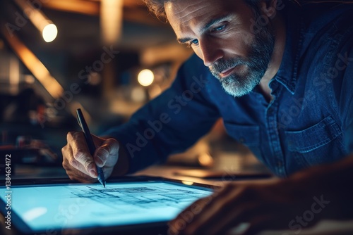 A focused man meticulously designs a blueprint using a stylus on a digital tablet, immersed in his creative work.