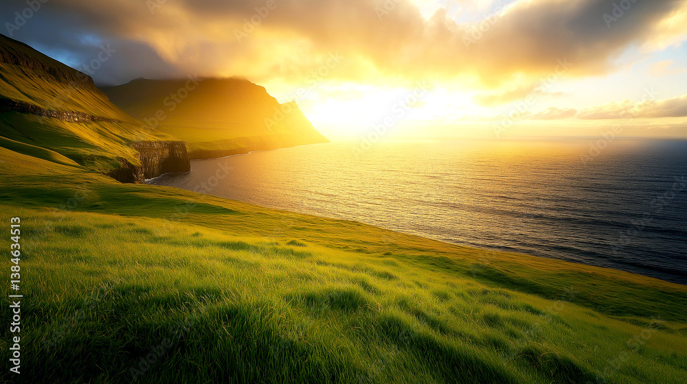 Landscape of Faroe Islands before sunset, Denmark Nature touch Landscape of Faroe Islands before sunset, Denmark Nature touch
