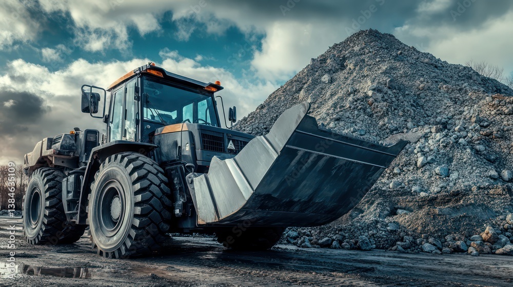 A dramatic side view of an oversized wheel loader equipped with a reinforced steel bucket, parked beside a towering pile A dramatic side view of an oversized wheel loader equipped with a reinforced steel bucket, parked beside a towering pile
