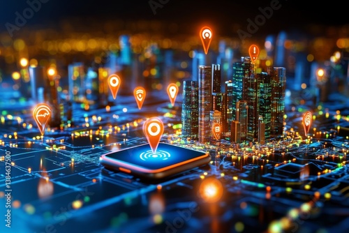 Mobile device transmitting location icons. Generative AI