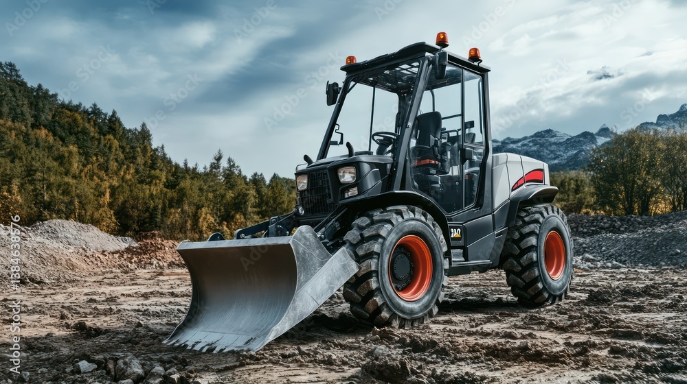 Fototapeta premium A high-resolution side view of a compact skid-steer loader with a front-mounted bucket attachment, parked on a rugged construction site