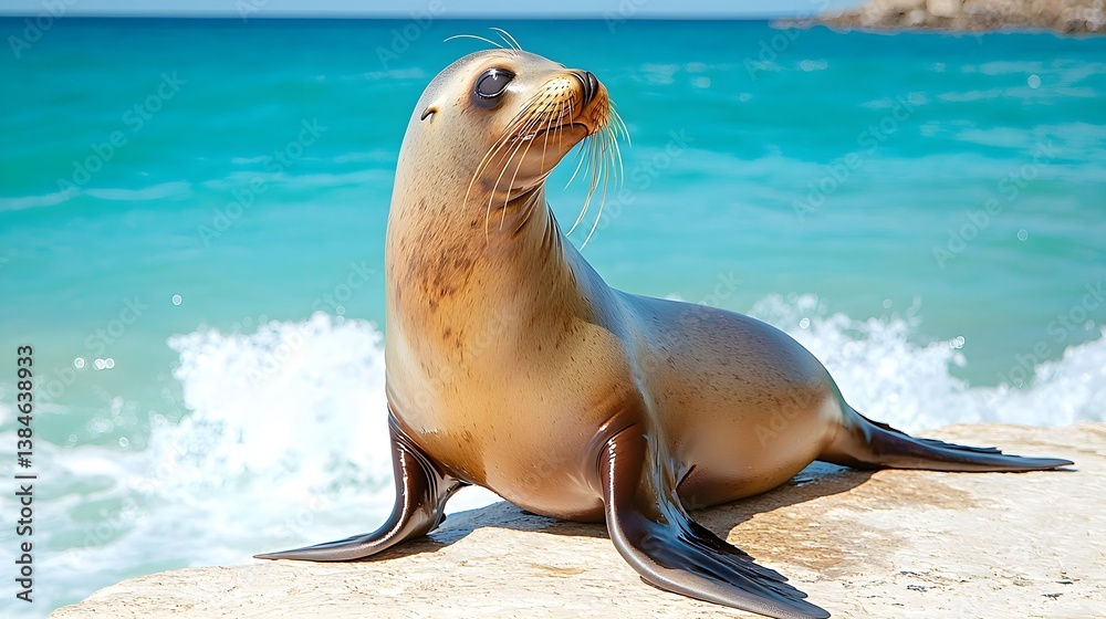 Fototapeta premium Sea lion posing on shoreline coastal beach animal photography bright ocean environment close-up view wildlife concept