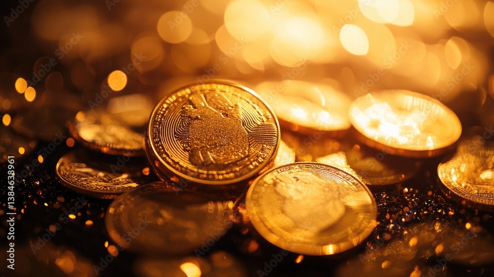 Scattered Gold Coins and Glittering Particles on a Warm, Radiant Bokeh Background Evoking Luxury and Opulence Scattered Gold Coins and Glittering Particles on a Warm, Radiant Bokeh Background Evoking Luxury and Opulence