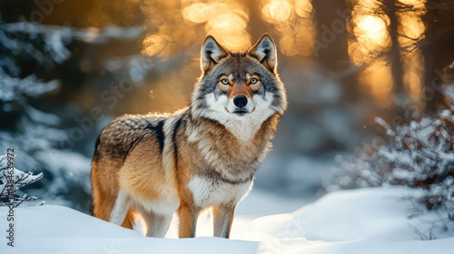 Majestic wolf standing in snowy forest, illuminated by warm sunlight filtering through trees, showcasing its striking features and alert expression photo