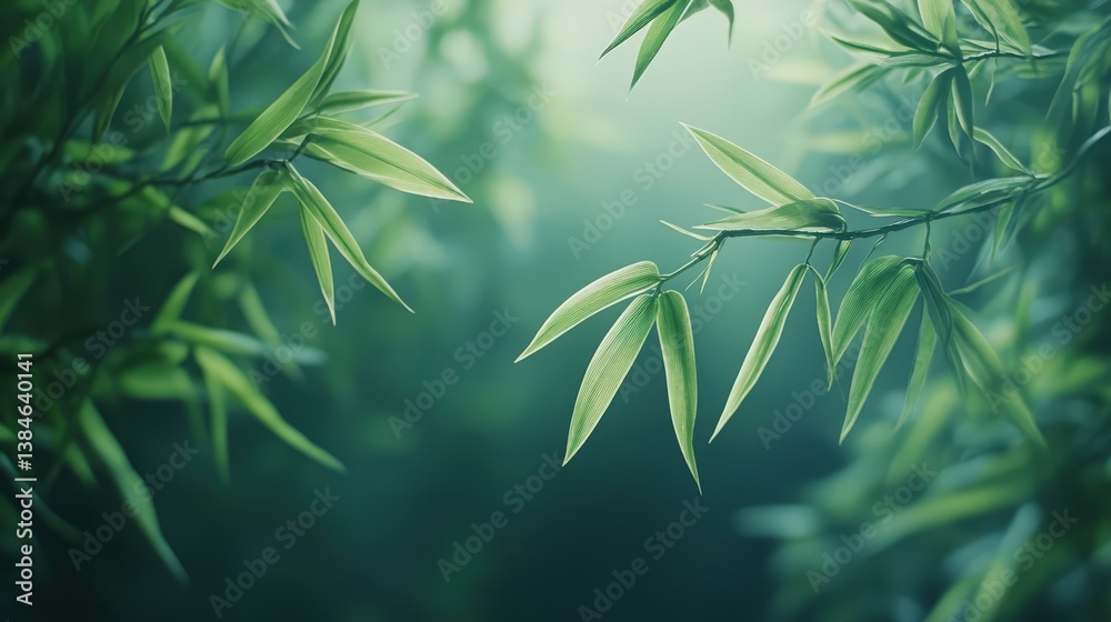 Naklejka premium Serene Bamboo Leaves Lush Greenery Nature Background Tranquil Garden Scene