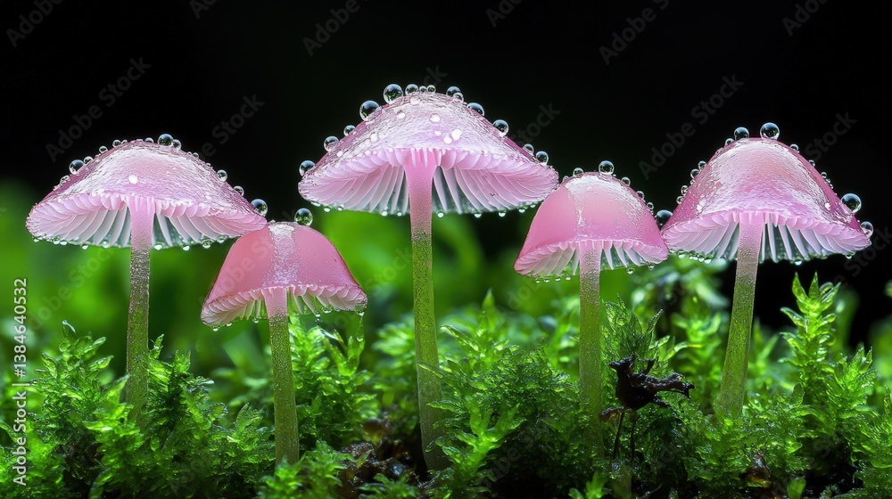 Fototapeta premium Pink Mushrooms Dew Drops Macro Nature Closeup Shot
