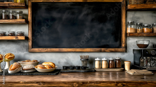 Bakery shop with Clean blackboard with easel on wall cafe restaurant background. For the idea, Copy space for menu text on the blackboard with your products aside on the table.