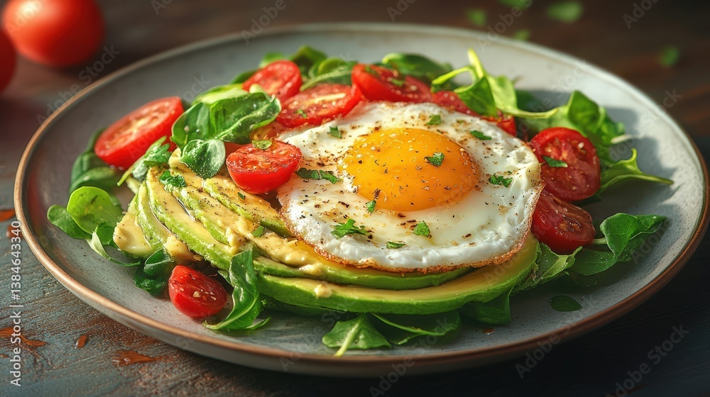 Delicious Fried Egg on Avocado Slices with Cherry Tomatoes and Spinach Salad Delicious Fried Egg on Avocado Slices with Cherry Tomatoes and Spinach Salad