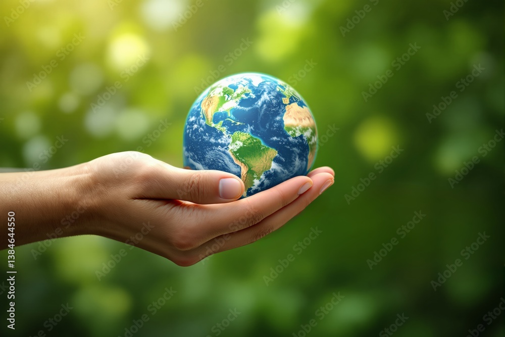 Hand holding small Earth globe against green nature background. Hand holding small Earth globe against green nature background.