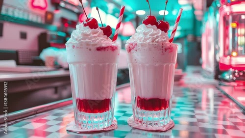 Delicious Strawberry and Chocolate Milkshakes with Whipped Cream and Cherries on Top – Served in Retro Diner Environment, Perfect for Food Styling and Menu Design