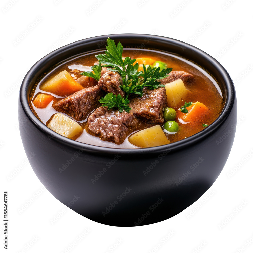 beef stew with fresh vegetables in a black bowl isolated against a transparent background. beef stew with fresh vegetables in a black bowl isolated against a transparent background.