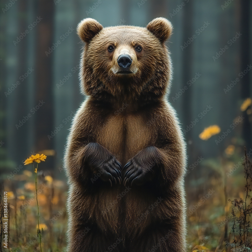 Obraz premium A brown bear standing on its hind legs in a forest, with trees towering in the background