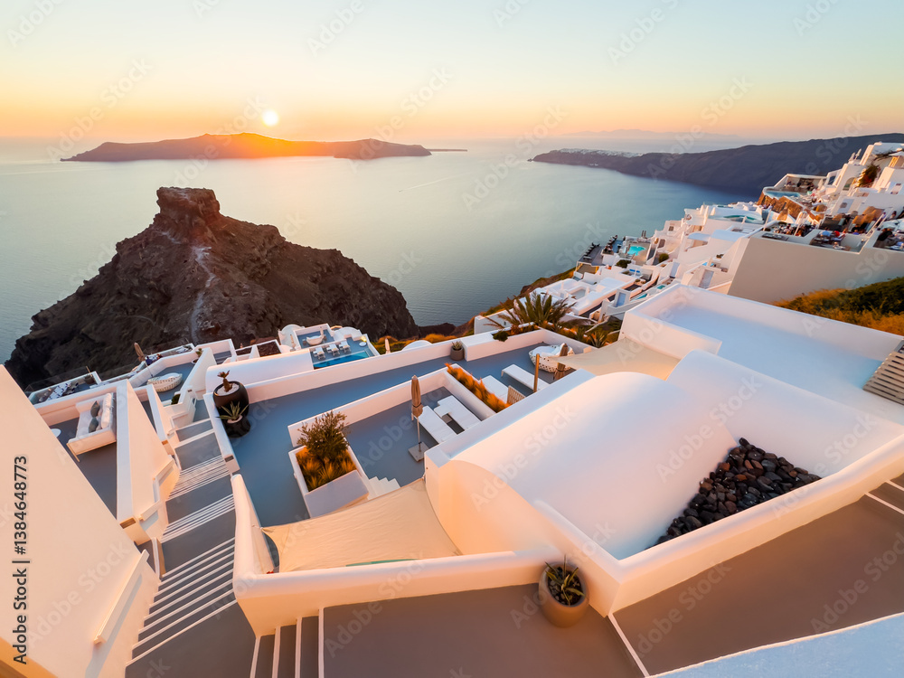 White architecture in Santorini island, Greece. Beautiful seascape at sunset.