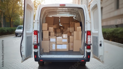 Delivery van filled with stacked boxes parked on city street during afternoon light